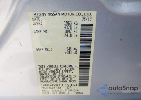 2020 Nissan Altima Sl Fwd from USA, damaged, VIN 1N4BL4EVXLC135961